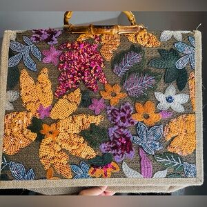Floral Sequin Women's Bag with Bamboo Handle